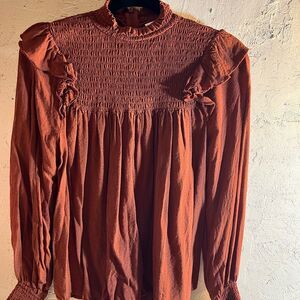 Knox Rose Orange Long Sleeve Puff Sleeve Blouse with Smocked Ruffles